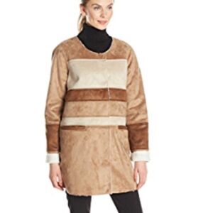 Sam Elderman Patchwork Aiden Color-Block faux Shearling Coat in saddle S - NWOT